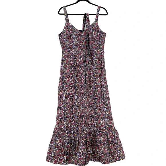 J Crew Women's Printed Floral Tiered Waist Tie Ruffle Maxi Dress Blue Red Sz 12 - Picture 3 of 7